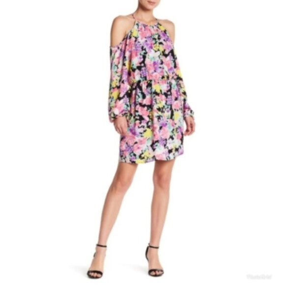 Charles Henry Womens Pink Floral Cold Shoulder Long Sleeve Dress Sz M New - Picture 1 of 7